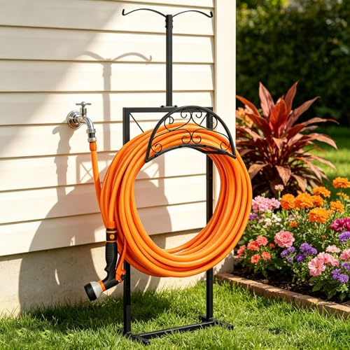 Hose Holder with Double-Ear Hooks and Free Gardening Gloves, Garden Hose Holder,Heavy Duty Metal Build, Hose Holders for Outside, Outside Hose Rack for Yard Lawn Patio, Black