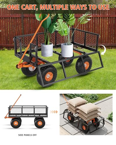 900-LBS Heavy-Duty Steel Garden Cart - Utility Outdoor Wagon with Removable Mesh Sides, Flexible Handle & 10" All-Terrain Tires, Ideal for Yard, Lawn & Garden - size: 900LBS