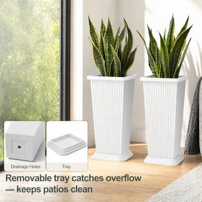 24" Set of 2 Tall Planters for Outdoor Plants, White Striped - color: Stripe White