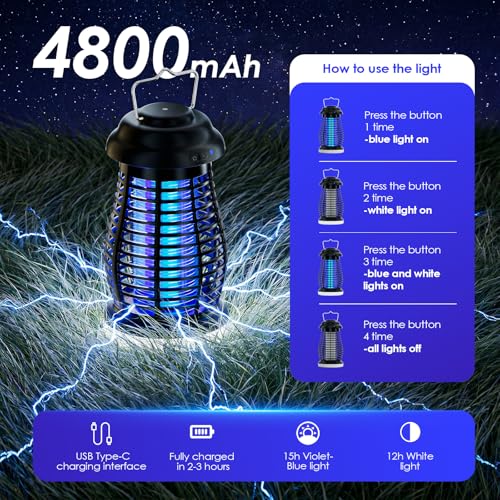 Bug Zapper Outdoor & Indoor,Cordless Portable Mosquito Zapper with Rechargeable 4800mAh Battery & Auto On/Off,Mosquito Repellent Outdoor Patio,Electric Fly Trap for Camping,Kitchen,Backyard,Patio