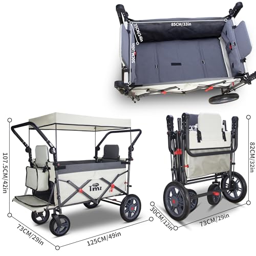 TMZ Foldable Wagon with Rain Cover & 2 Seats, Collapsible Folding Wagon with Adjustable Handle Bar, Multi Functional Cart with Canopy, Front Expandable Garden Cart (Transparent/Grey) - color: Transparent/Grey