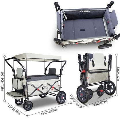 TMZ Foldable Wagon with Rain Cover & 2 Seats, Collapsible Folding Wagon with Adjustable Handle Bar, Multi Functional Cart with Canopy, Front Expandable Garden Cart (Transparent/Grey) - color: Transparent/Grey