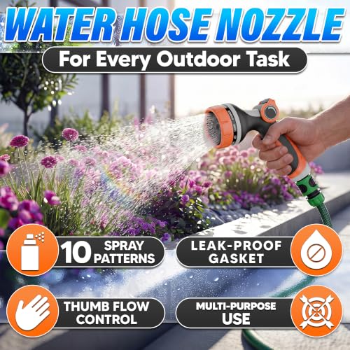 Garden Hose Nozzle, 10 Spray Patterns, Thumb Flow Control, Orange - color: Orange