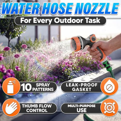 Garden Hose Nozzle, 10 Spray Patterns, Thumb Flow Control, Orange - color: Orange