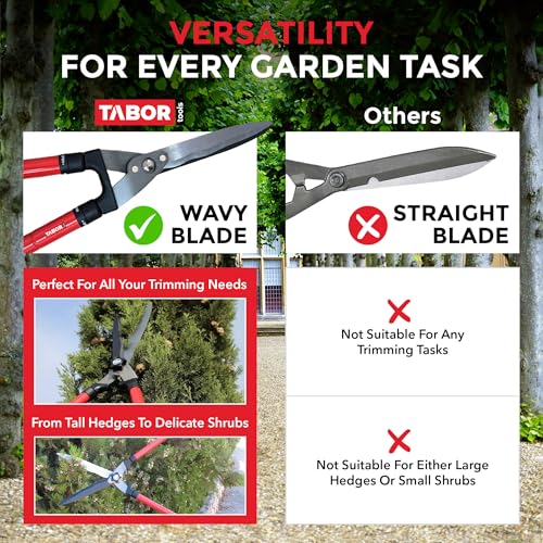TABOR TOOLS B212A 25″–33″ Telescopic Hedge Shears with Wavy Blade and Extendable Steel Handles. Extendable Manual Hedge Clippers for Trimming Borders, Boxwood, and Tall Bushes. - style: B212A Extendable Hedge Shears