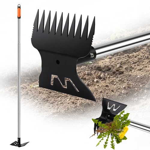 Larger Weed Puller Tool with Long Handle, 2-in-1 Heavy Duty Weed Rake & Hoe