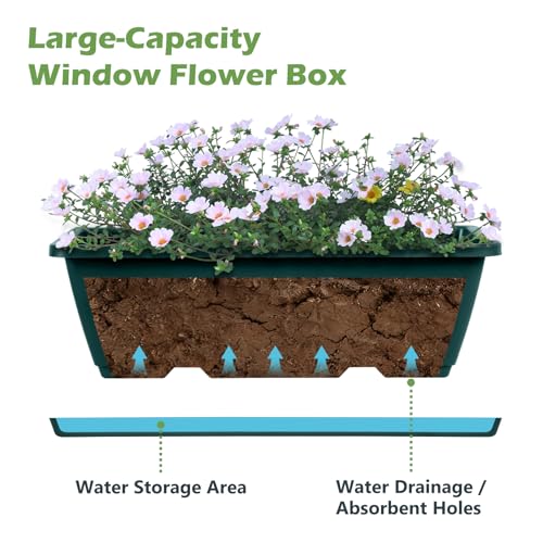 2 Pack Window Boxes Planters 17’’ Railing Hanging Planter Boxes for Outdoor Plants with Double Adjustable Brackets Rectangle Deck Railing Flower Pots Herb Planter for Fence Patio Balcony - color: Green
