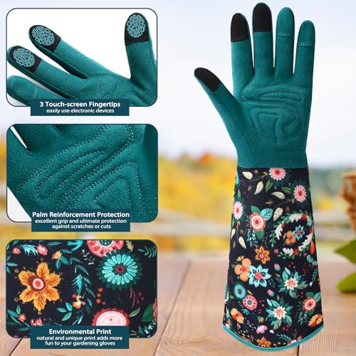 Gardening Gloves for Women, Long Garden Gloves with Grip, Thorn-Proof, Gift - color: Dark Green - Circle Flower