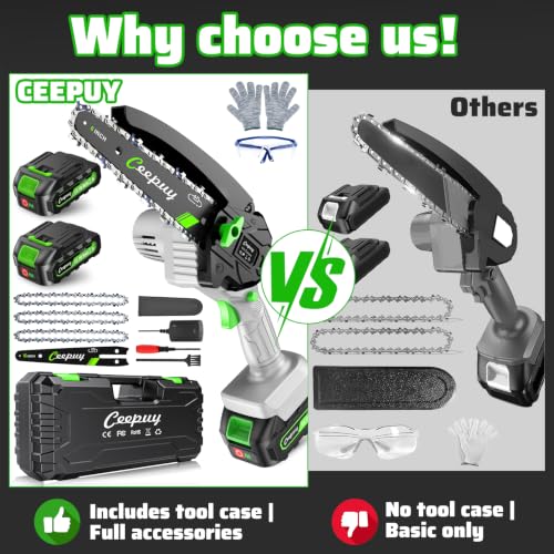 CEEPUY Mini Chainsaw Cordless,6 Inch Portable Electric Chainsaw with 2 Batterys/Automatic Oiler/Security Lock/Powered Small Handheld Saw for Trees Branches Trimming,Gifts for Father Men Dad Husband - size: Light Gray 6-inch