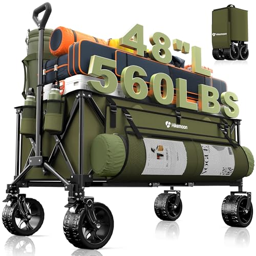 HIKEMOON 48'' Extra Large Collapsible Wagon with Big Wheels, 300L Green - color: Army Green