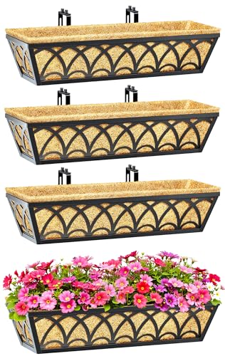 24 Inch Railing Planter Box Window Boxes Planters - 2 Pack Deck Railing Planter Boxes with Adjustable Brackets Coco Liners Balcony Planters Railing Hanging for Window Flower Boxes Outdoor Garden Decor - size: 24 Inch