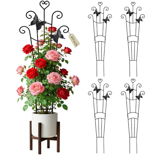 4 Pack Plant Trellis for Climbing Plants Indoor Outdoor, 33 Inch Expandable Metal Trellis for Potted Plants,Flowers Vine Ivy,Sturdy Climbing Plant Support for Indoor & Outdoor Houseplants with Ties - size: 33in;4PC
