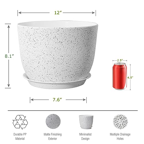 UOUZ 12inch Large Plant Pot, Modern Plastic Planter with High Driange Holes and Saucer for Indoor Outdoor Garden Plants and Flowers, White Speckles - color: White Speckles
