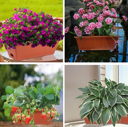 7 Pack Window Box Planter, 17 Inches Plastic Flower Vegetable Planters Boxes with Drainage Holes and Trays Rectangular Flower Pots for Indoor Outdoor Garden, Patio, Home Decor (7, Brick RED)