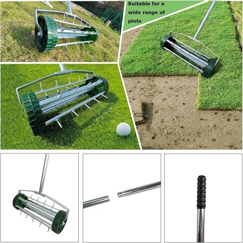 Rolling Lawn Aerator, Heavy Duty Push Tine Spike Aerator Gardening Tool with 3-Piece Long Steel Handle and Rolling Spikes, Manual Rotary Soil Lawn Aeration for Garden Yard Patio