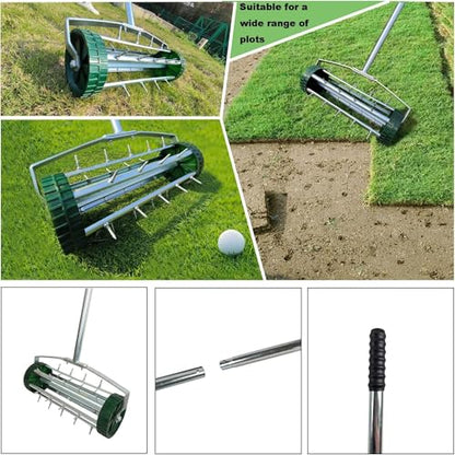 Rolling Lawn Aerator, Heavy Duty Push Tine Spike Aerator Gardening Tool with 3-Piece Long Steel Handle and Rolling Spikes, Manual Rotary Soil Lawn Aeration for Garden Yard Patio