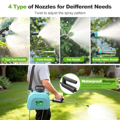 VAXMAY Battery Powered Sprayer 2 Gallon, Upgrade Electric Garden Sprayer with 3 Adjustable Speed, Battery Indicator, 4 Mist Nozzles, Rechargeable Handle, Retractable Wand, Shoulder Strap for Weed Lawn - color: Blue