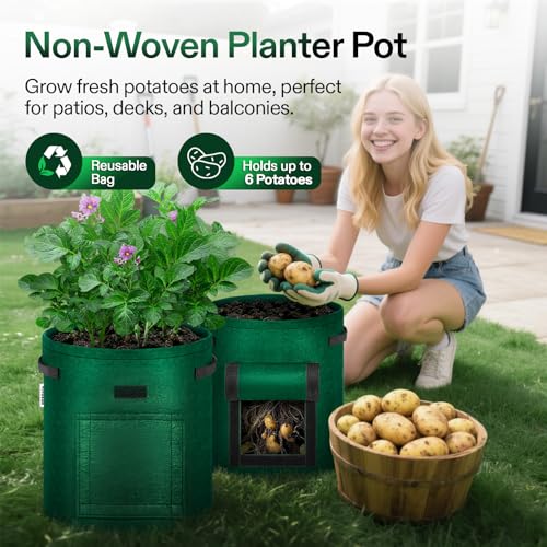 VIVOSUN 5-Pack 7 Gallon Potato Grow Bags, Roll-up Harvest Window - color: Green, size: 7 Gallon