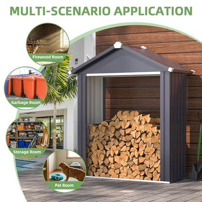 AECOJOY 5x2 Outdoor Firewood Rack Storage Shed, Firewood Rack Outdoor Sheds & Outdoor Storage Cabinet Clearance, Metal Tool Sheds Cabinet Waterproof for Backyard, Garden, Patio in Grey