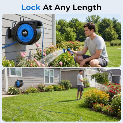 Retractable Garden Hose Reel, 1/2 Inch x 100 ft + 6.6 ft Heavy Duty Wall Mounted Hose Reel with 10 Patterns Nozzle, Any Length Lock, Upgraded Slow Return System, 180°Swivel Bracket and UV Resistant - size: 100 Ft
