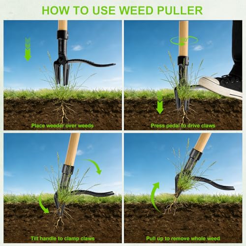 Stand Up Weed Puller Tool with Heavy Duty 4-Claw Steel Head