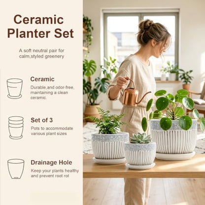 Gray Flower Pots, Texture Ceramic Plant Pots for Indoor Plants Set of 3 - color: Gray