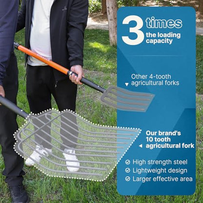 10-Tine Pitch Fork for Gardening, Heavy Duty Manure & Mulch Fork with Fiberglass Handle, Wide Bedding Hay Fork for Compost, Farm, 45 Inch