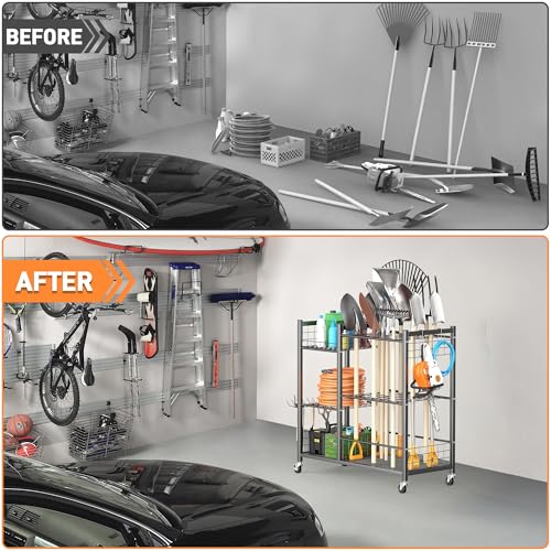 TORACK Garden Tool Stand with Wheels, Rakes Shovels Holder Yard Tools Organizer for Garage, Garden, Shed Indoor/Outdoor Long-Handled Tools Cart(Tool stand with side shelves) - style: Tool stand with side shelves
