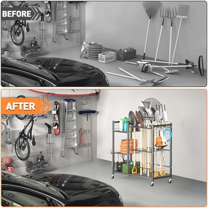 TORACK Garden Tool Stand with Wheels, Rakes Shovels Holder Yard Tools Organizer for Garage, Garden, Shed Indoor/Outdoor Long-Handled Tools Cart(Tool stand with side shelves) - style: Tool stand with side shelves