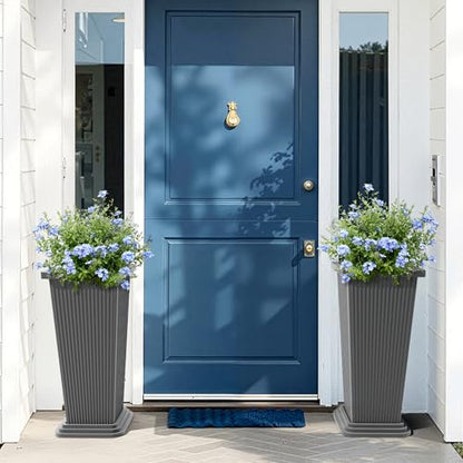 FENCY Set of 2 Tall Planters for Outdoor Plants, Gray Ribbed - color: Gray-square Ribbed