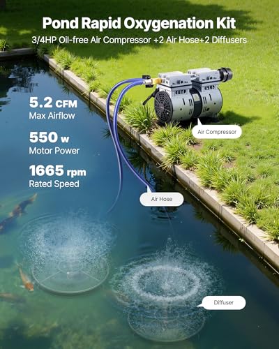 VEVOR Pond Aerators, 5.2CFM Aeration System for Lake up to 3 Acres, 3/4 HP Air Compressor, 2 Diffusesr & Two100' Weighted Tubings, Aeration Pump for Outdoor Ponds & Lakes Deep Water Oxygen Circulation - size: 5.2CFM+2 Nano diffusers