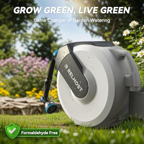 Relhost Retractable Garden Hose Reel, 5/8 in x 65 ft Wall Mount Heavy Duty Hose Reel with Any-Length Lock, Auto Rewind System, 180° Swivel Bracket, and 10-Pattern Nozzle for Garden, White & Grey - color: White & Grey, size: 65FT