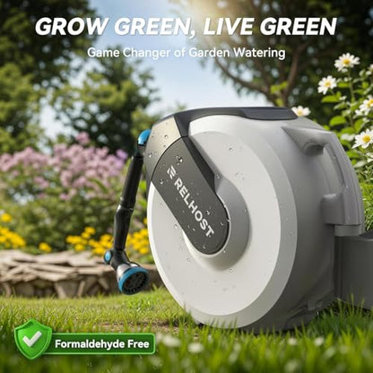 Relhost Retractable Garden Hose Reel, 5/8 in x 65 ft Wall Mount Heavy Duty Hose Reel with Any-Length Lock, Auto Rewind System, 180° Swivel Bracket, and 10-Pattern Nozzle for Garden, White & Grey - color: White & Grey, size: 65FT