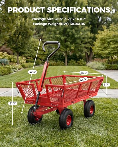 900 Lbs Heavy Duty Steel Garden Cart, Outdoor Metal Garden Wagon On Wheels, Utility Yard Cart with Mesh Removable Sides(Convert to Flatbed) and Removable Handle (to Wheel Barrow), Deep Red - color: Red