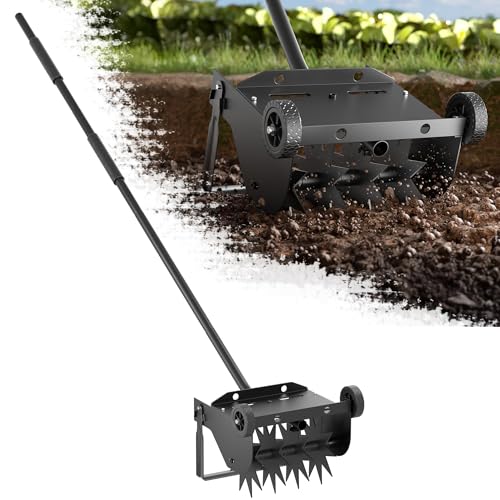 Lineware 9-Inch Lawn Aerator with Steel Handle,Heavy Duty Push Spike Aerator with 2 Wheels,Aerator Lawn Tool, Manual Aerator Lawn Tool with Foam Armrests, Suitable for Lawn, Garden and Yard