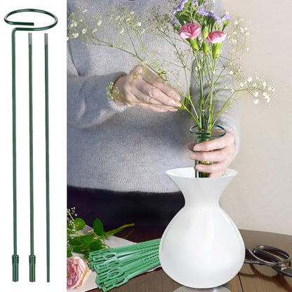 Huakaile 4 Packs Adjustable 23.6" Plant Stakes and Supports with 30 Pieces 9" Twist Ties, Green Plant Holder Stick Outdoor Indoor, Metal Flower Support Stakes Rings for Gardens Vegetables (60 cm) - size: 60 cm