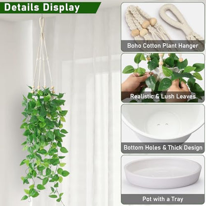Artificial Hanging Plants with Boho Macrame Plant Hanger - Fake Ivy Vines in Pot for Wall, Bedroom Home Faux Greenery for Indoor Outdoor Decor (1 Pack)