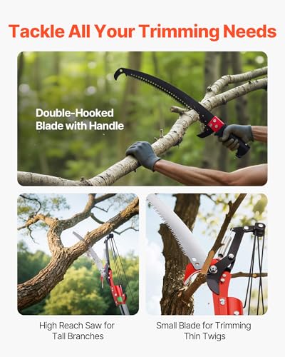 VEVOR Manual Pole Saw, 3.87-27 ft Extendable Pole Tree Pruner with Scissors, Sharp 65Mn Steel Blade, Lightweight Fiberglass Handle Pole, for High Branch Trimming, Pruning Tool for Palms and Shrubs