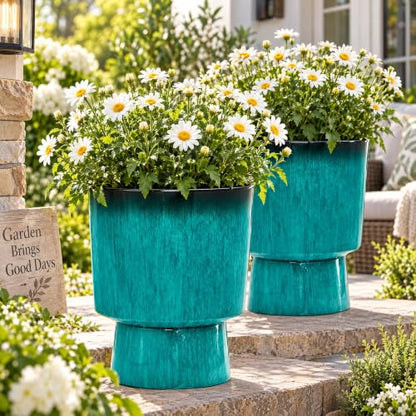 Autodaya 16.8" Faux Ceramic Planters for Outdoor Indoor Plants, Flower pots - color: 16.8"-teal Glazed & Black Rim