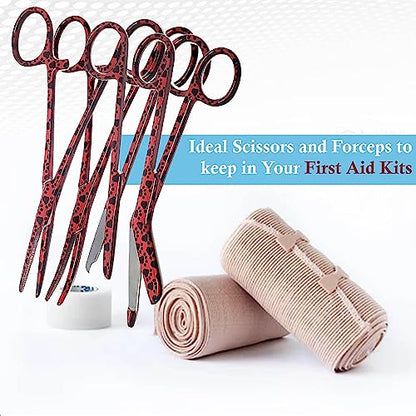 5 pc Bandage Scissors 5.5", Stitch Scissors 4.5", Hemostat 5.5" Straight & Curved, Diagnostic Penlight Made of Premium Quality Stainless Steel - For Training Emergency Supplies & First Aid Kit (Red) - color: Red