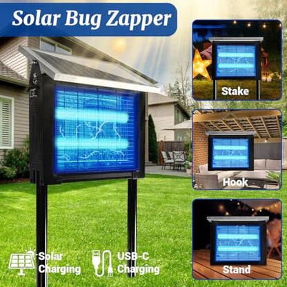Solar Bug Zapper Outdoor 3000V, Rechargeable Mosquito Zapper with Solar Panel & USB Charging, Waterproof Cordless Electric Fly Trap with Auto Light Sensor for Patio Yard Garden Camping