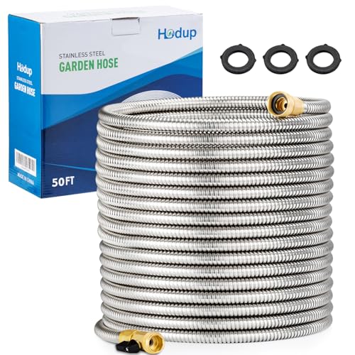 50FT Stainless Steel Metal Garden Hose - Lightweight, Kink-Free & Tangle-Free, Flexible with Brass Fittings, On/Off Valve, Pet Proof, Puncture Proof for Yard, RV, Car Washing (Silver) - color: Silver, size: 50 FT