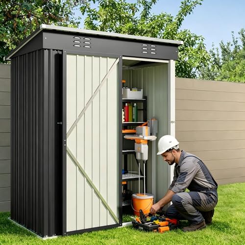 Gizoon 5x3 FT Outdoor Shed, Galvanized Metal Shed Lockable Door, Dark Gray - color: Dark Gray, size: 5' x 3' FT/Sloped-roof