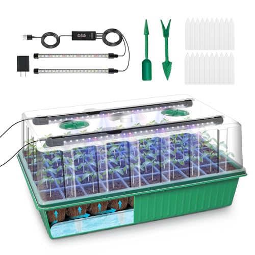 GOOINMILL Self-Watering Seed Starter Tray with Timed Grow Light, 60 Cells Plant Starter Tray Seedling Starter Kit with Humidity Domes Base Indoor Mini Greenhouse Plant Germination Trays