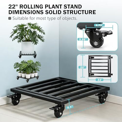 KAXIWEI 22" Heavy Duty Plant Caddy with Lockable Wheels - 600lbs Metal Plant Stand on Rollers, Durable Square Plant Dolly, Rust-Proof Rolling Plant Roller for Large Planters and Pots - size: 22" Square Black