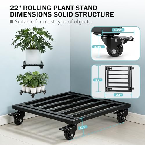 KAXIWEI 22" Heavy Duty Plant Caddy with Lockable Wheels - 600lbs Metal Plant Stand on Rollers, Durable Square Plant Dolly, Rust-Proof Rolling Plant Roller for Large Planters and Pots - size: 22" Square Black