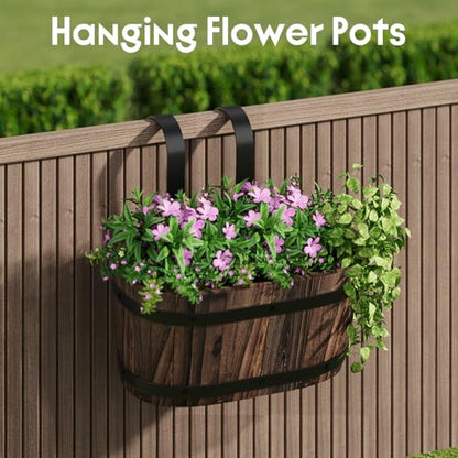 2-Pack Hanging Flower Pots with Drainage Holes, Wooden Railing Planters - color: Carbonized-2pcs, size: Small