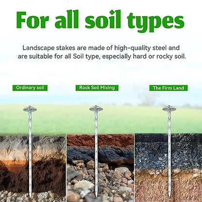 Landscape Stakes - Garden Edging Spikes Pins - New Umbrella-Type Design 5'' Galvanized Lawn Staples for Weed Barrier Fabric, Tent, Etc (50)