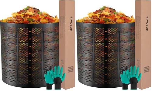 VIVOSUN 220 Gallon Outdoor Compost Bin, Expandable Composter, Easy to Setup & Large Capacity for Backyard, Lawn (Black with Gloves) (Pack of 2) - size: 220 Gallon (Pack of 2)