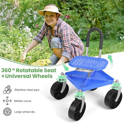 Rolling Garden Seat, Utility Garden Stool with Flat Wheels, Foldable Lazy Seat Stool, Picking Rotary Tool Cart with Storage Shelf, Adjustable Height 360 Degree Swivel (Blue2) - color: Blue2